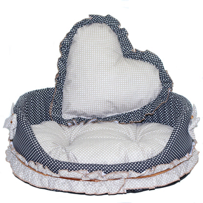 Hundebett - Falbel-Schwarz-Beige -  Katzenbett mit Herz Kissen Hunde Katze Kissen