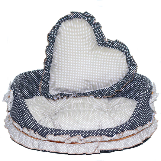 Hundebett - Falbel-Schwarz-Beige -  Katzenbett mit Herz Kissen Hunde Katze Kissen