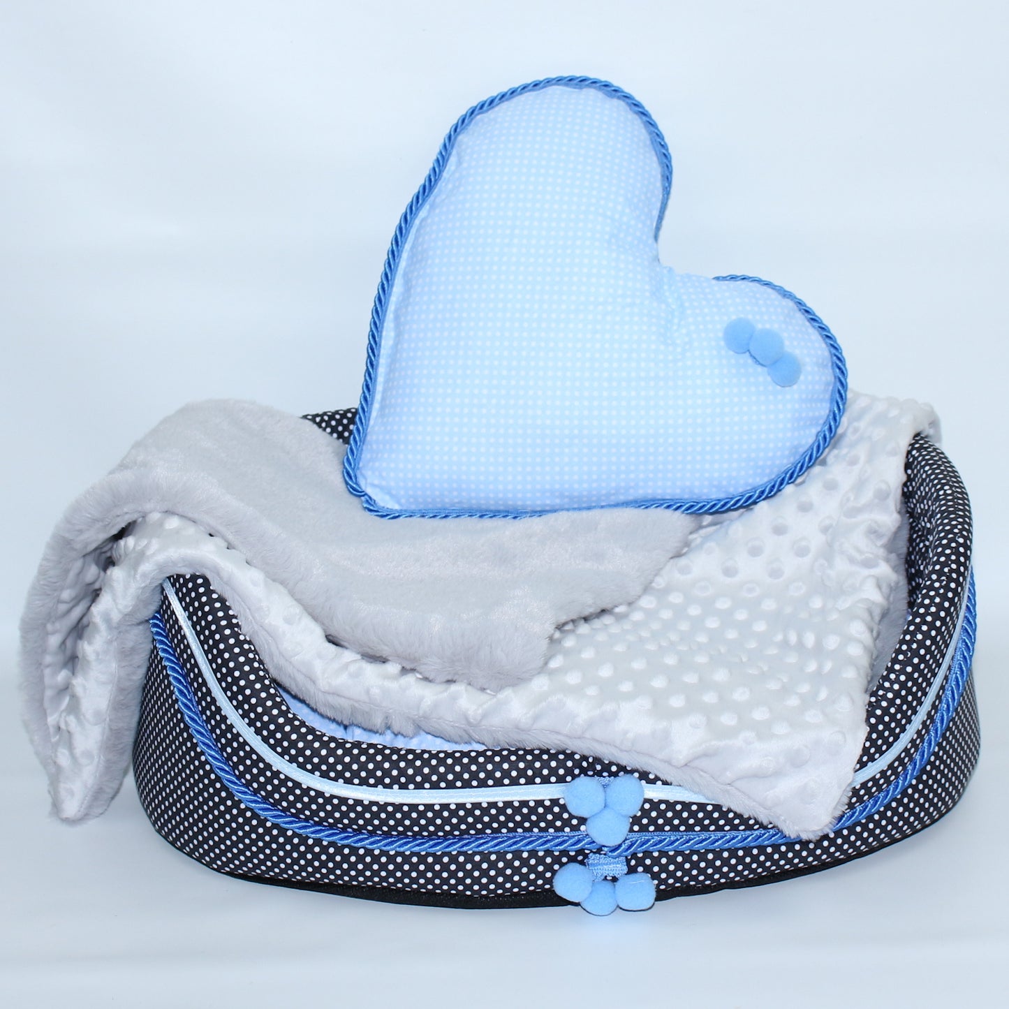 Hundebett - Bommel-Schwarz-Blau -  Katzenbett mit Herz Kissen Hunde Katze Kissen