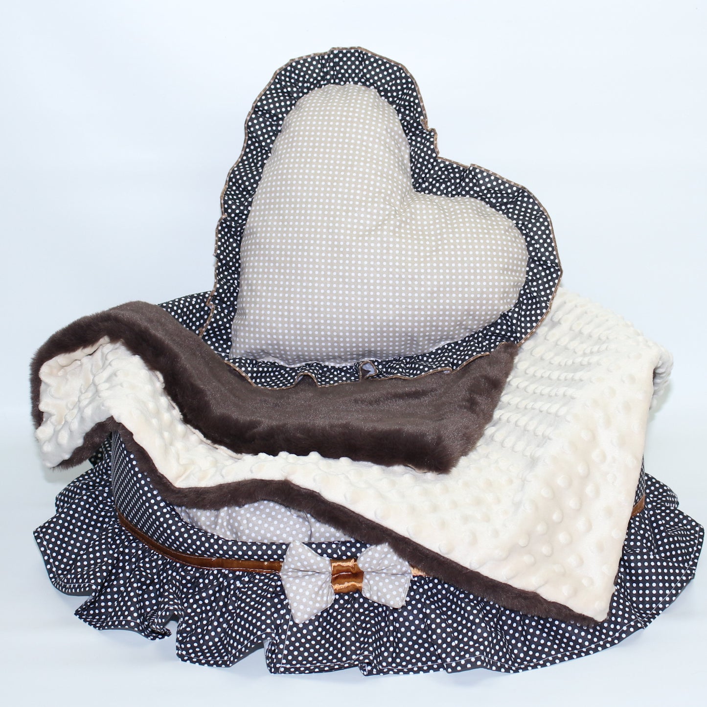 Hundebett - Schleife-Schwarz-Beige -  Katzenbett mit Herz Kissen Hunde Katze Kissen