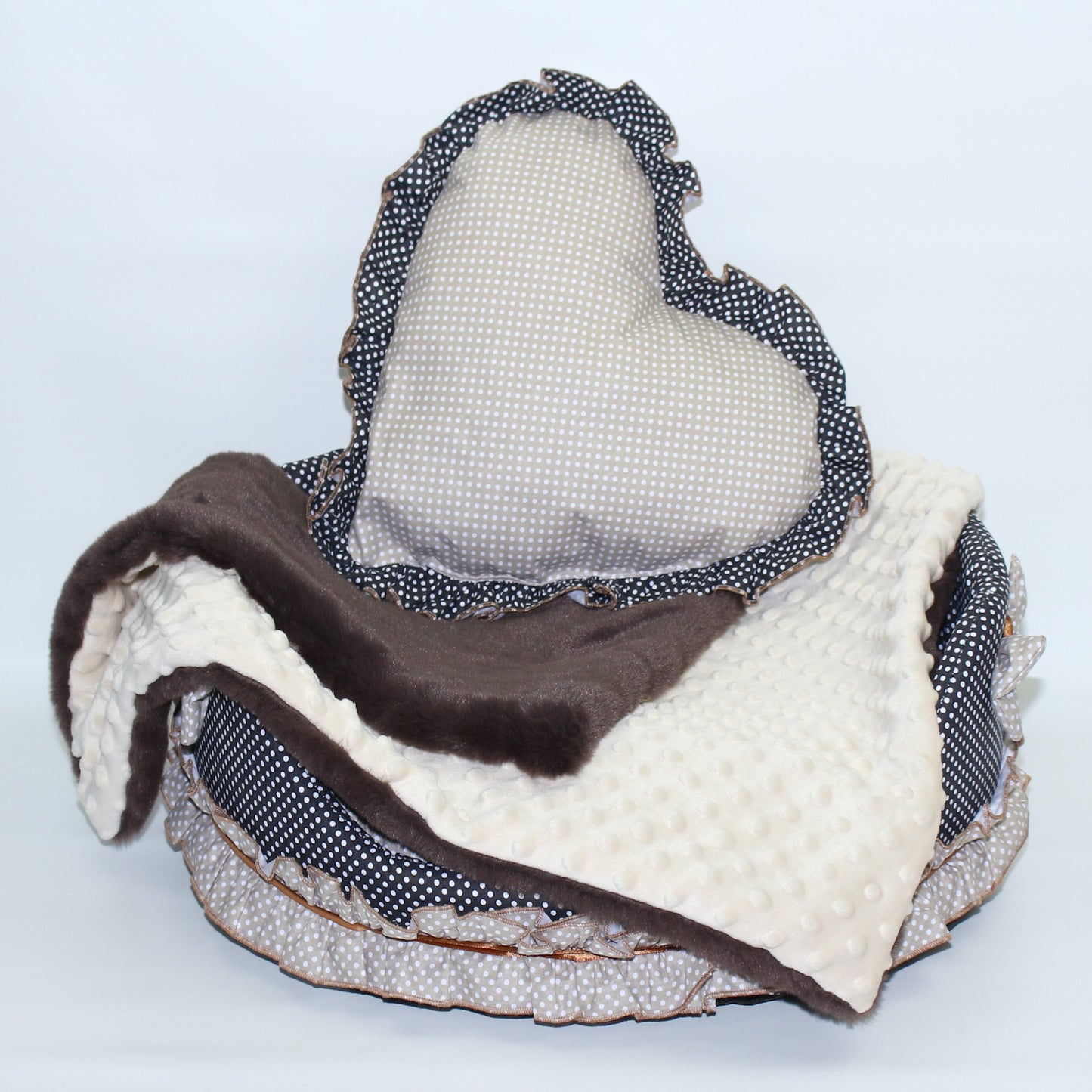 Hundebett - Falbel-Schwarz-Beige -  Katzenbett mit Herz Kissen Hunde Katze Kissen