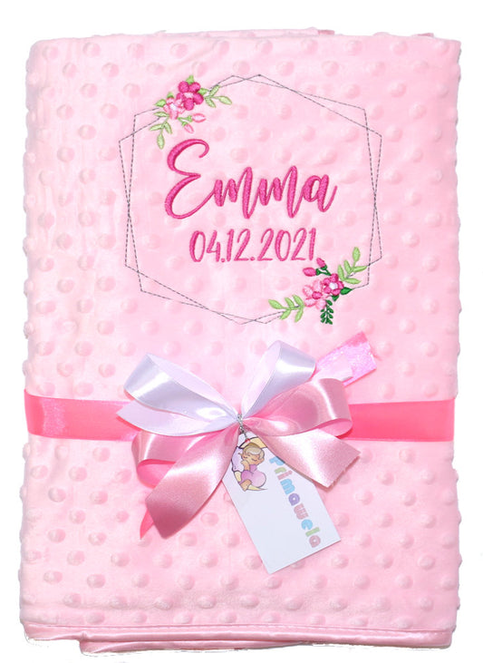 Babydecke mit Namen bestickt -Rahmen Blumen- Rosa- Kuscheldecke