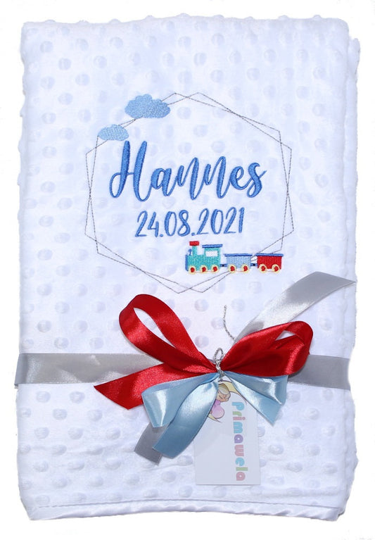 Babydecke mit Namen bestickt -Rahmen Zug- Weiß- Kuscheldecke