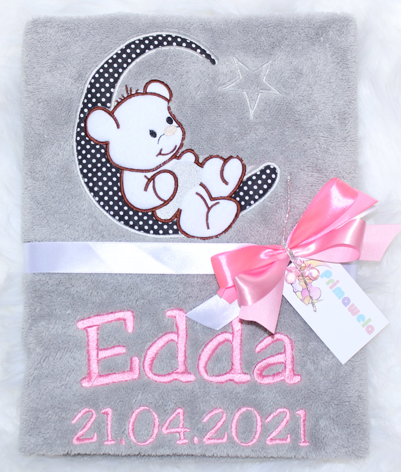 Babydecke mit Namen bestickt -Bär auf dem Mond- Grau- Kuscheldecke