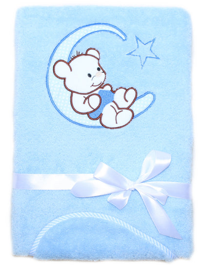 Babydecke mit Namen bestickt -Bär auf dem Mond- Blau- Kuscheldecke