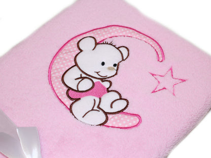 Babydecke mit Namen bestickt -Bär auf dem Mond- Rosa- Kuscheldecke
