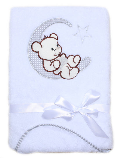Babydecke mit Namen bestickt -Bär auf dem Mond- Weiß- Kuscheldecke