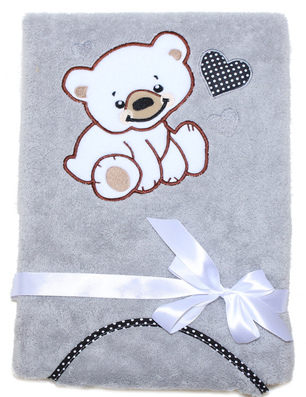Babydecke mit Namen bestickt -Bär mit Herzen Grau- Kuscheldecke