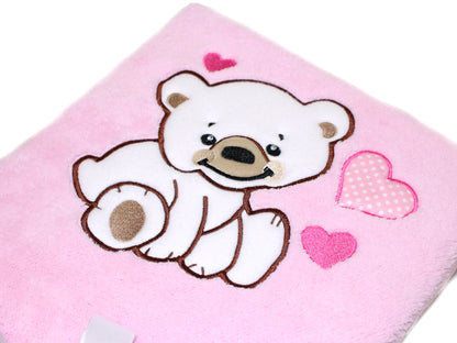Babydecke mit Namen bestickt -Bär mit Herzen Rosa- Kuscheldecke