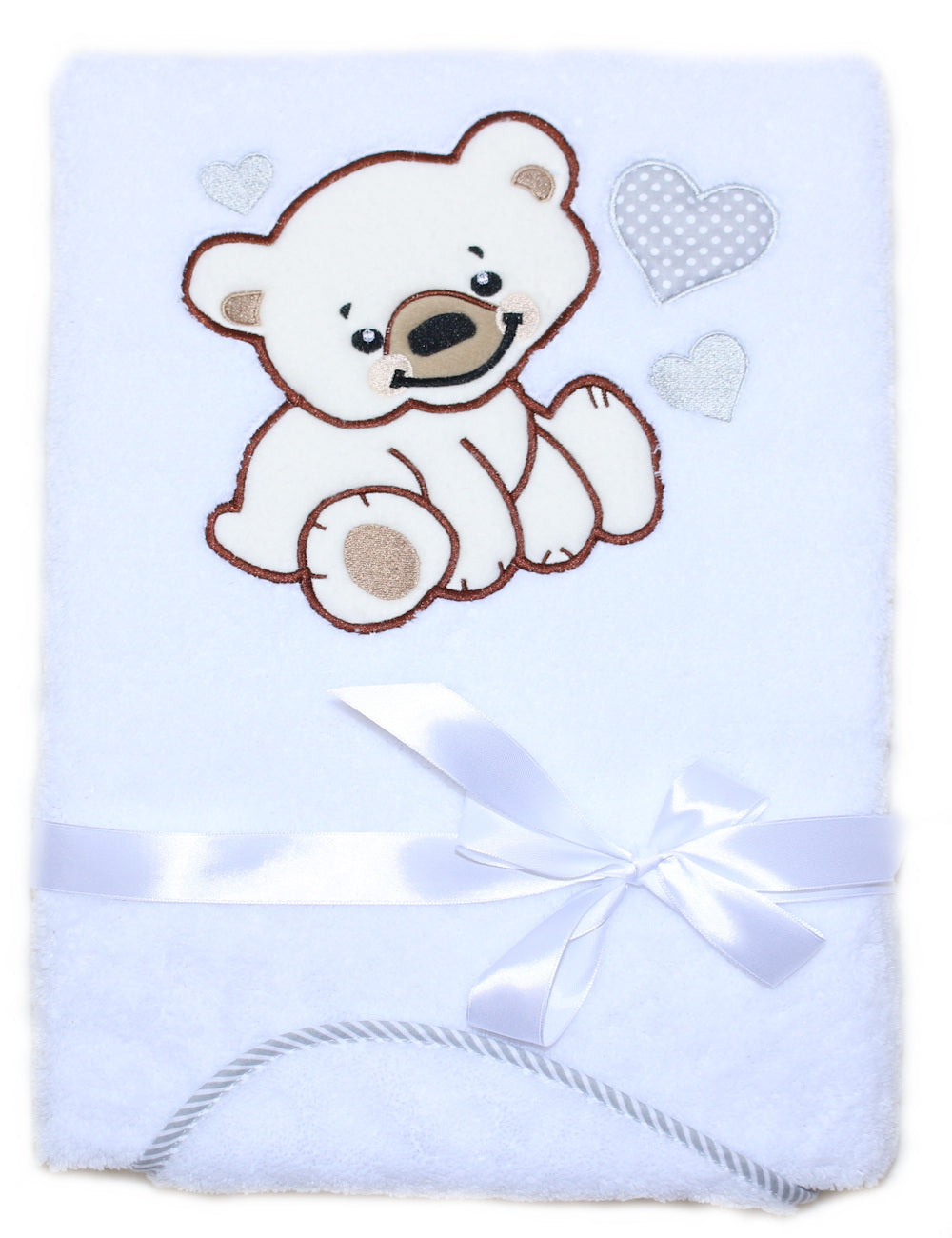 Babydecke mit Namen bestickt -Bär mit Herzen Weiß- Kuscheldecke
