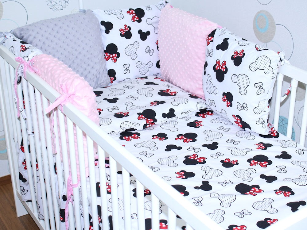 Baby Bettset mit MINKY Kissen Nestchen -Minnie - 5-8 teilig mit Chiffon Himmel