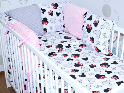 Baby Bettset mit MINKY Kissen Nestchen -Minnie - 5-8 teilig mit Chiffon Himmel