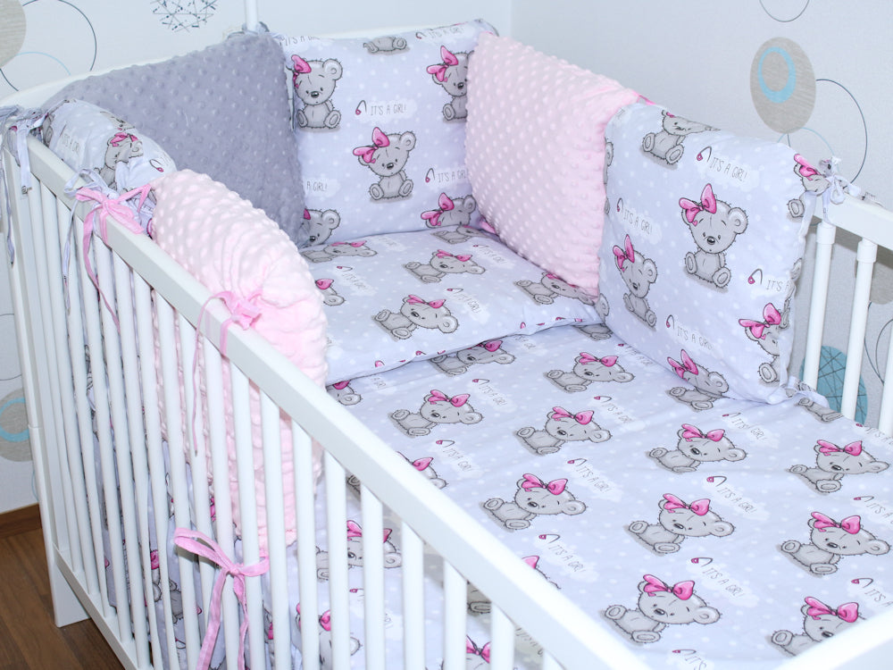 Baby Bettset mit MINKY Kissen Nestchen -Girl - 5-8 teilig mit Chiffon Himmel