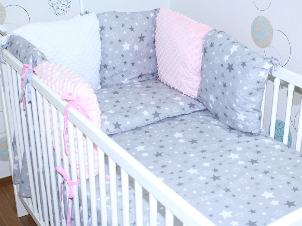 Baby Bettset mit MINKY Kissen Nestchen -Star dunkel + Rosa - 5-8 teilig mit Chiffon Himmel
