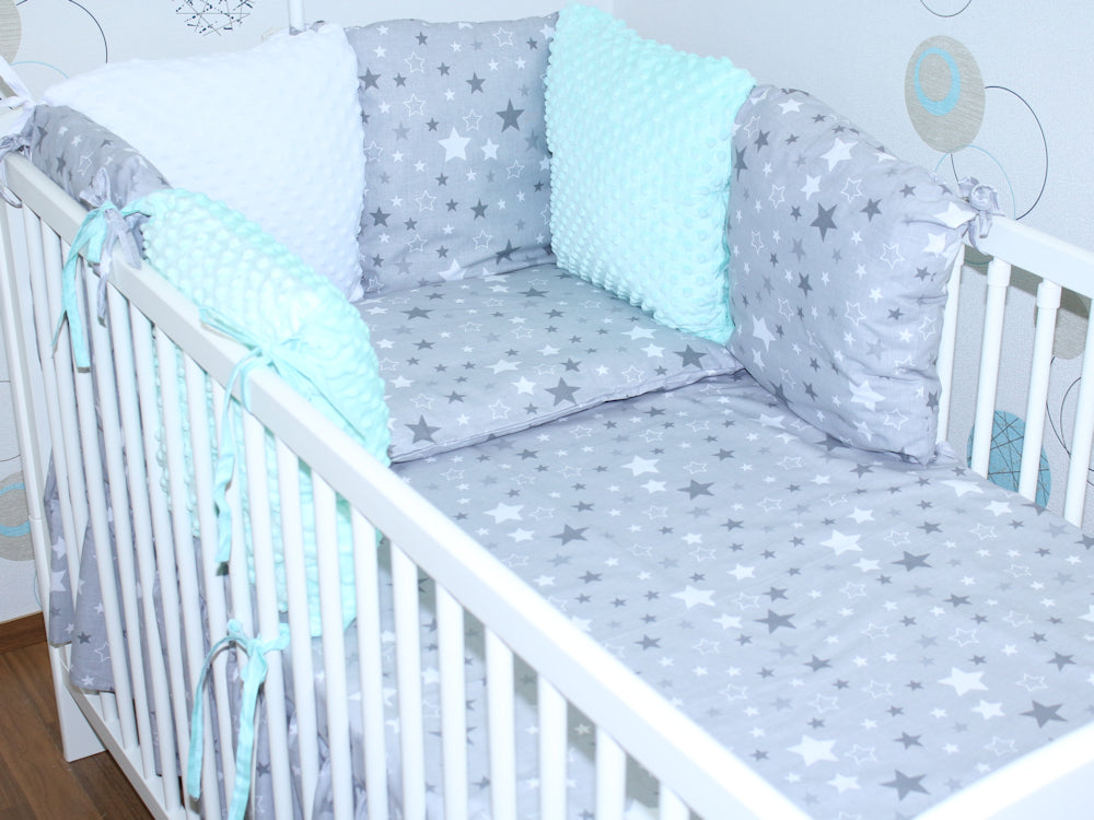 Baby Bettset mit MINKY Kissen Nestchen - Star Dunkel + Minze - 5-8 teilig mit Chiffon Himmel