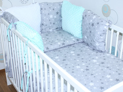 Baby Bettset mit MINKY Kissen Nestchen - Star Dunkel + Minze - 5-8 teilig mit Chiffon Himmel