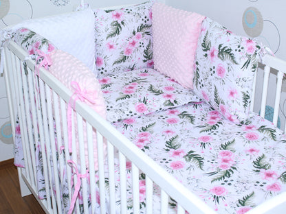 Bettset mit MINKY Kissen Nestchen - Flowers - 5-8 teilig mit Vollstoff Himmel
