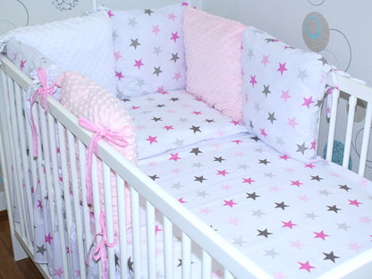 Bettset mit MINKY Kissen Nestchen - Star in Rosa - 5-8 teilig mit Chiffon Himmel