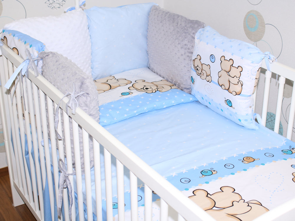 Bettset mit MINKY Kissen Nestchen - Bärchen in Blau - 5-8 teilig mit Chiffon Himmel