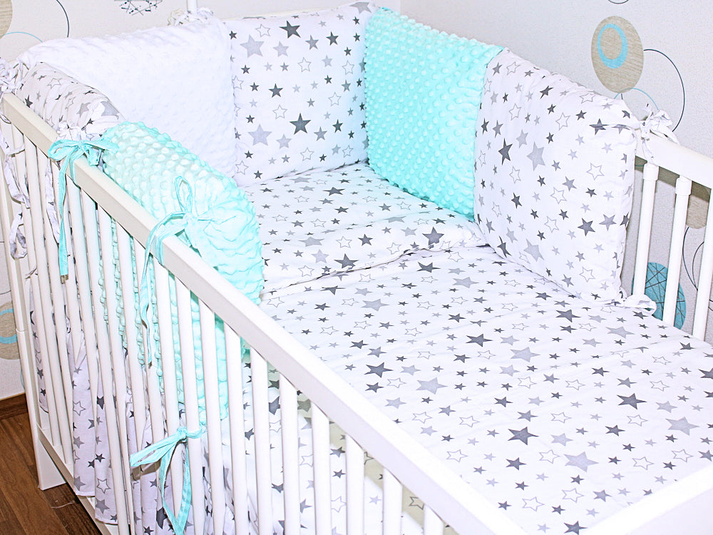 Bettset mit MINKY Kissen Nestchen - Star Hell + Minze - 5-8 teilig mit Vollstoff Himmel
