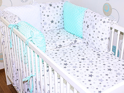Bettset mit MINKY Kissen Nestchen - Star Hell + Minze - 5-8 teilig mit Vollstoff Himmel
