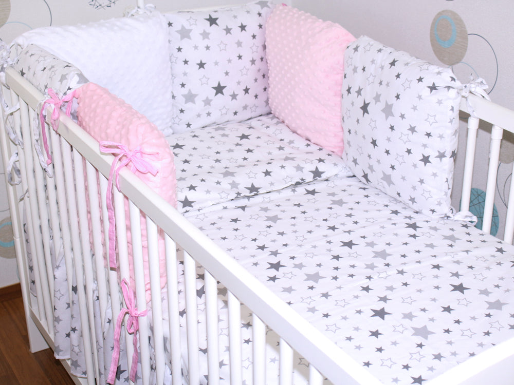 Baby Bettset mit MINKY Kissen Nestchen -Star Hell + Rosa - 5-8 teilig mit Vollstoff Himmel