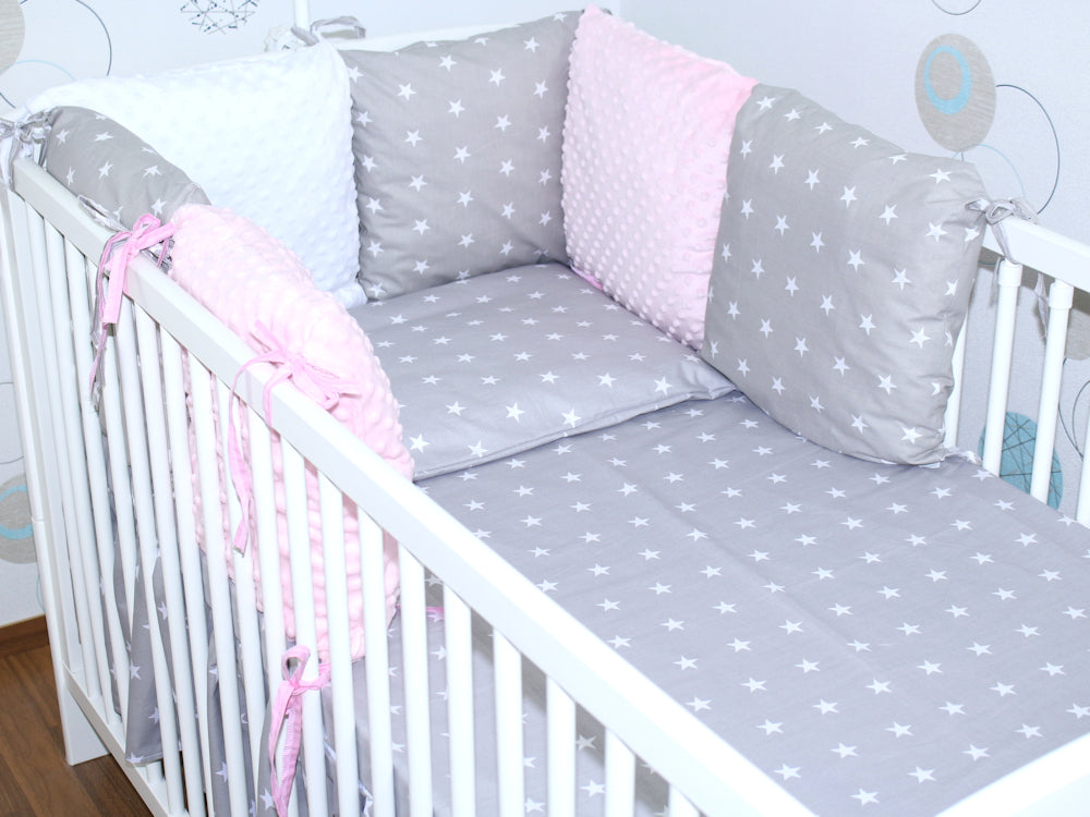 Bettset mit MINKY Kissen Nestchen -Sternchen auf Grau + Rosa - 5-11 teilig mit Chiffon Himmel