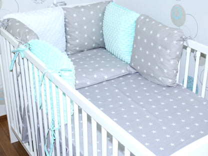 Bettset mit MINKY Kissen Nestchen -Sternchen auf Grau + Minze - 5-8 teilig mit Chiffon Himmel