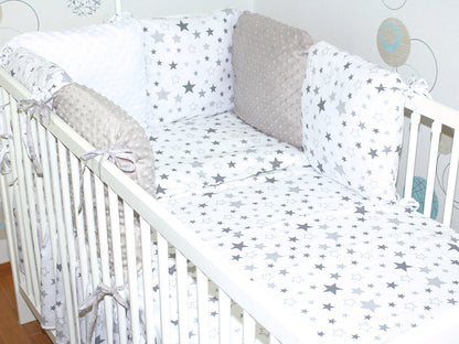 Bettset mit MINKY Kissen Nestchen -Star Hell+ Grau - 5-8 teilig mit Vollstoff Himmel