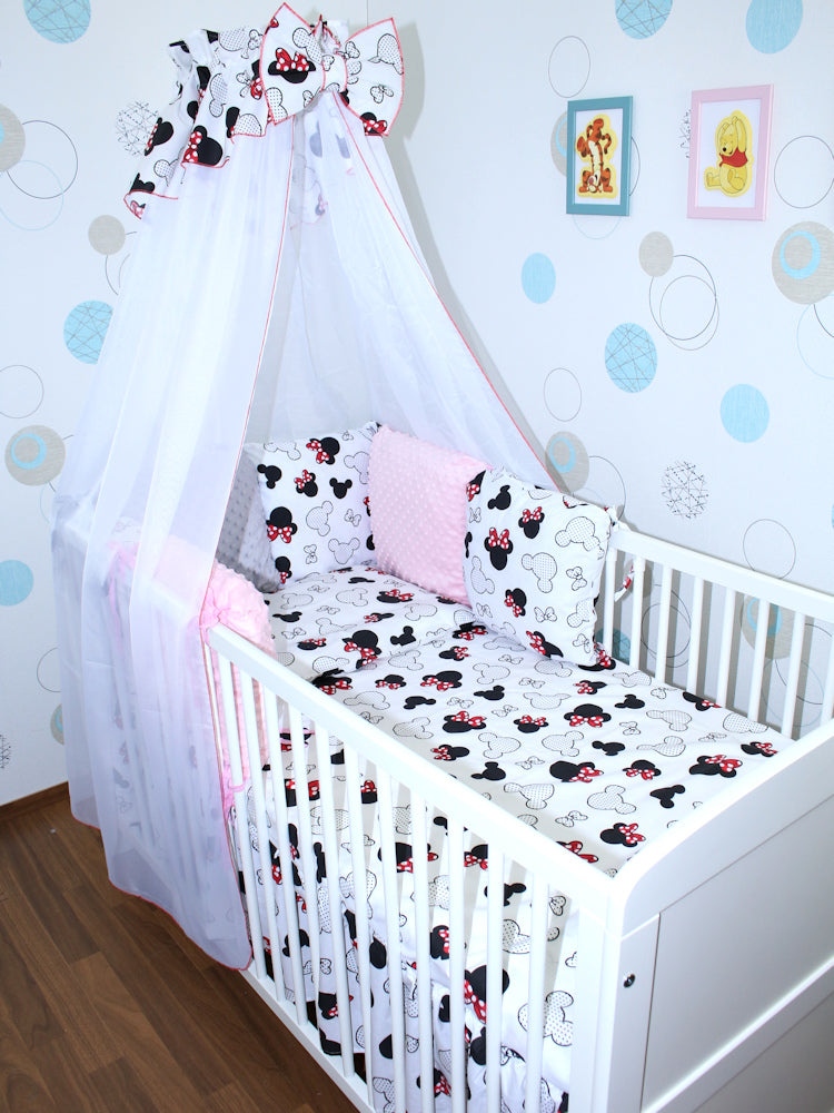 Baby Bettset mit MINKY Kissen Nestchen -Minnie - 5-11 teilig mit Chiffon Himmel