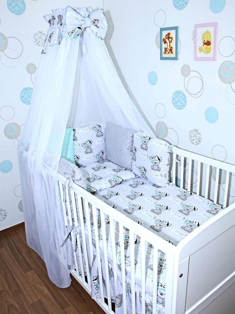 Baby Bettset mit MINKY Kissen Nestchen -Boy - 5-8 teilig mit Chiffon Himmel