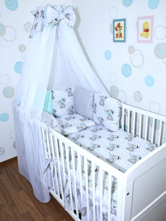 Baby Bettset mit MINKY Kissen Nestchen -Boy - 5-8 teilig mit Chiffon Himmel