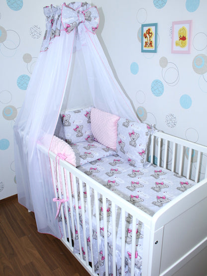 Baby Bettset mit MINKY Kissen Nestchen -Girl - 5-8 teilig mit Chiffon Himmel