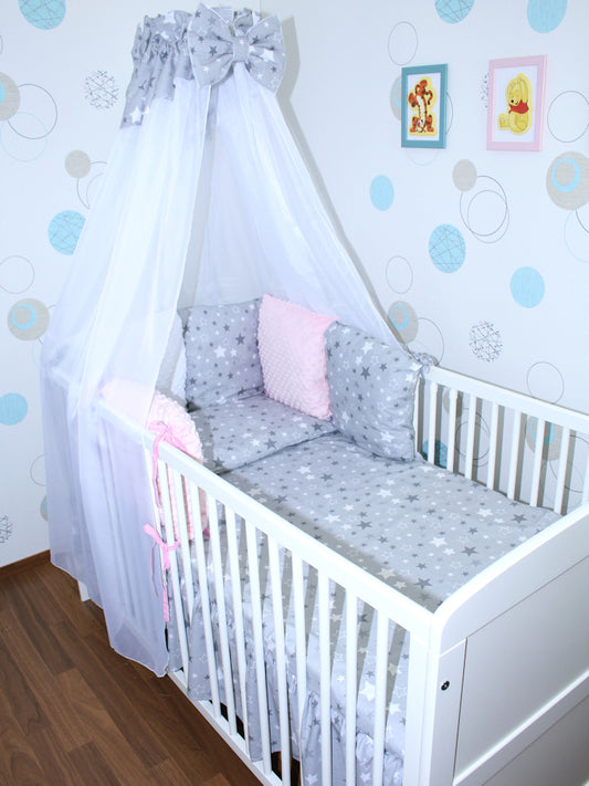 Baby Bettset mit MINKY Kissen Nestchen -Star dunkel + Rosa - 5-8 teilig mit Chiffon Himmel