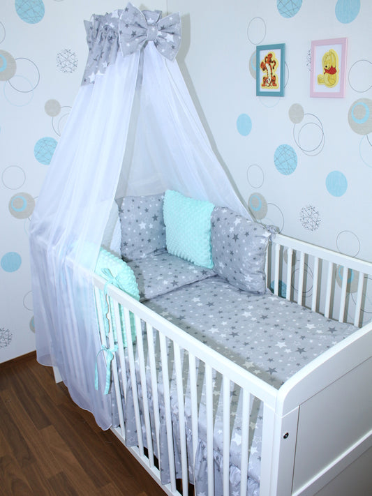 Baby Bettset mit MINKY Kissen Nestchen - Star Dunkel + Minze - 5-8 teilig mit Chiffon Himmel
