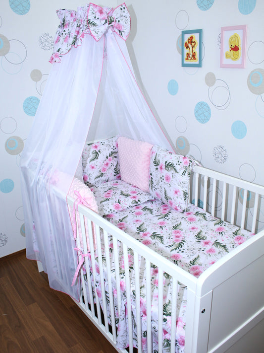 Bettset mit MINKY Kissen Nestchen - Flowers - 5-8 teilig mit Chiffon Himmel