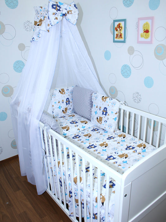 Bettset mit MINKY Kissen Nestchen - Waldtiere - 5-8 teilig mit Chiffon Himmel