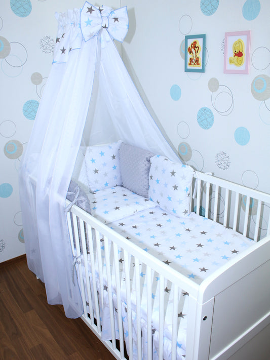 Bettset mit MINKY Kissen Nestchen - Star in Blau - 5-8 teilig mit Chiffon Himmel