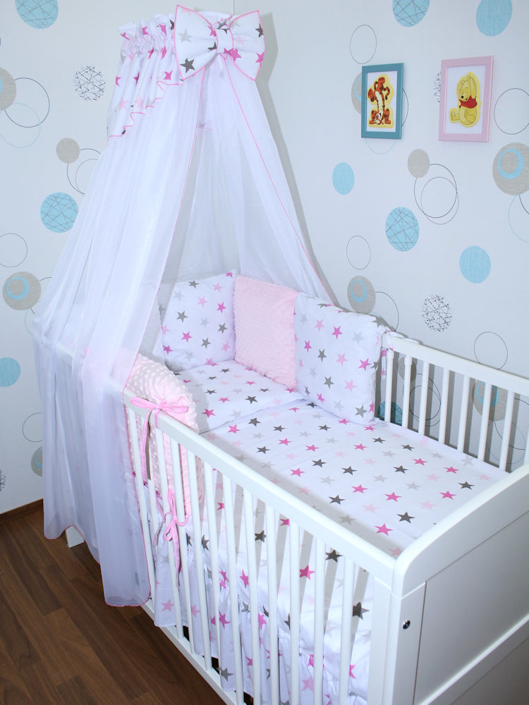 Bettset mit MINKY Kissen Nestchen - Star in Rosa - 5-8 teilig mit Chiffon Himmel