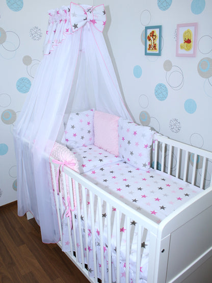 Bettset mit MINKY Kissen Nestchen - Star in Rosa - 5-8 teilig mit Chiffon Himmel