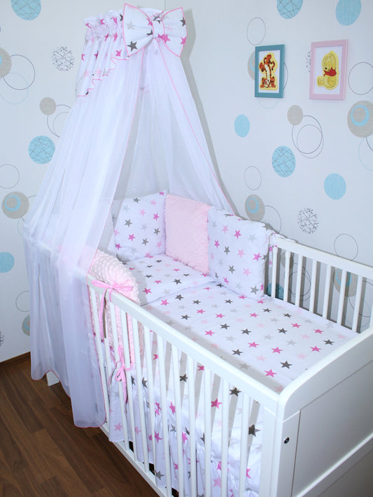 Bettset mit MINKY Kissen Nestchen - Star in Rosa - 5-8 teilig mit Chiffon Himmel