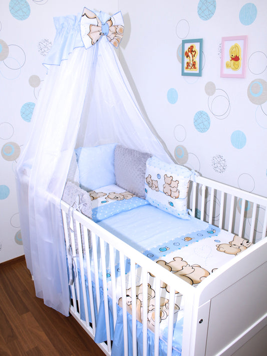 Bettset mit MINKY Kissen Nestchen - Bärchen in Blau - 5-8 teilig mit Chiffon Himmel