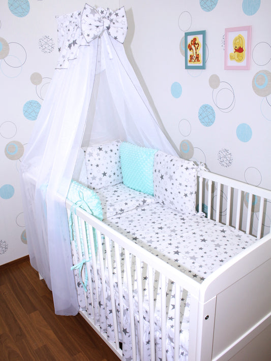 Bettset mit MINKY Kissen Nestchen - Star Hell + Minze - 5-8 teilig mit Chiffon Himmel