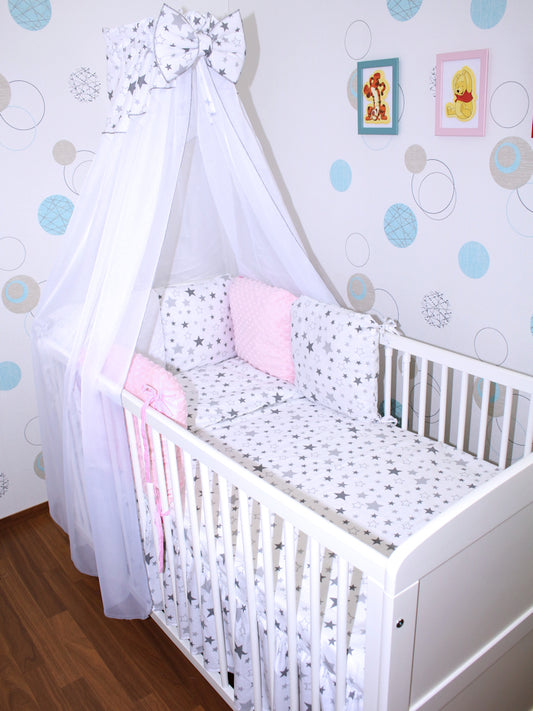 Baby Bettset mit MINKY Kissen Nestchen -Star Hell + Rosa - 5-8 teilig mit Chiffon Himmel