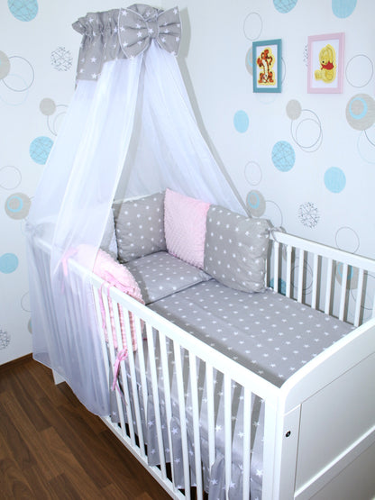 Bettset mit MINKY Kissen Nestchen -Sternchen auf Grau + Rosa - 5-11 teilig mit Chiffon Himmel