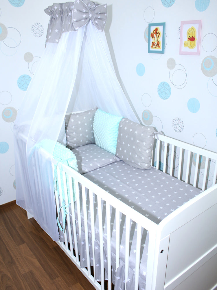 Bettset mit MINKY Kissen Nestchen -Sternchen auf Grau + Minze - 5-8 teilig mit Chiffon Himmel