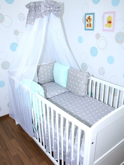 Bettset mit MINKY Kissen Nestchen -Sternchen auf Grau + Minze - 5-8 teilig mit Chiffon Himmel