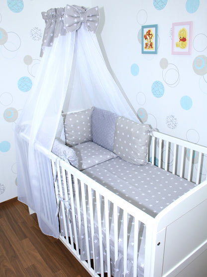Bettset mit MINKY Kissen Nestchen -Sternchen auf Grau + Grau - 5-8 teilig mit Chiffon Himmel