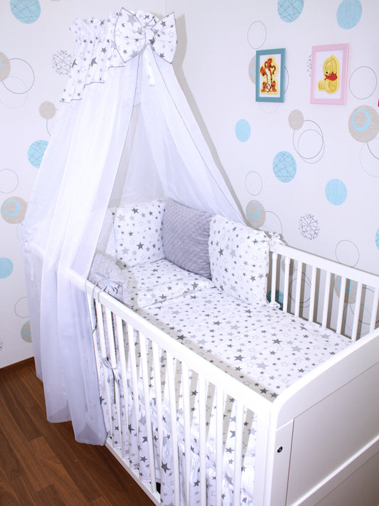 Bettset mit MINKY Kissen Nestchen -Star Hell + Grau - 5-8 teilig mit Chiffon Himmel