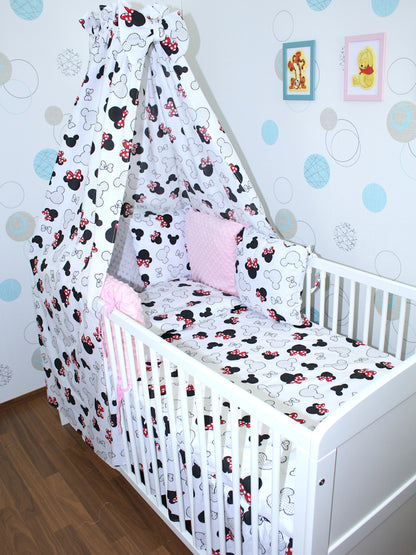 Baby Bettset mit MINKY Kissen Nestchen -Minnie - 5-8 teilig mit Vollstoff Himmel